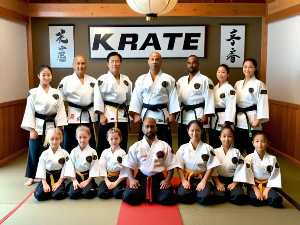 Estudiantes de karate practican técnicas en un dojo con decoración japonesa, llevando merchandising oficial de karate