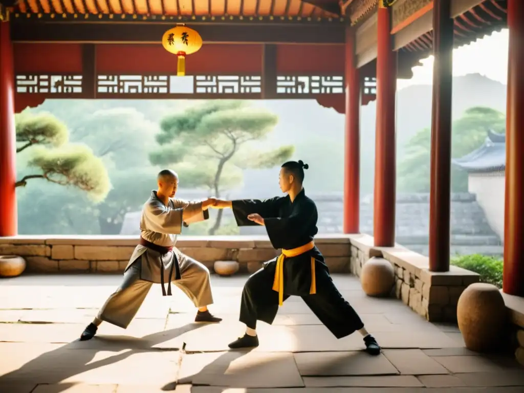 Estudiantes practicando Kung Fu en un templo Shaolin, rodeados de piedras antiguas y exuberante vegetación, bajo la guía de su maestro