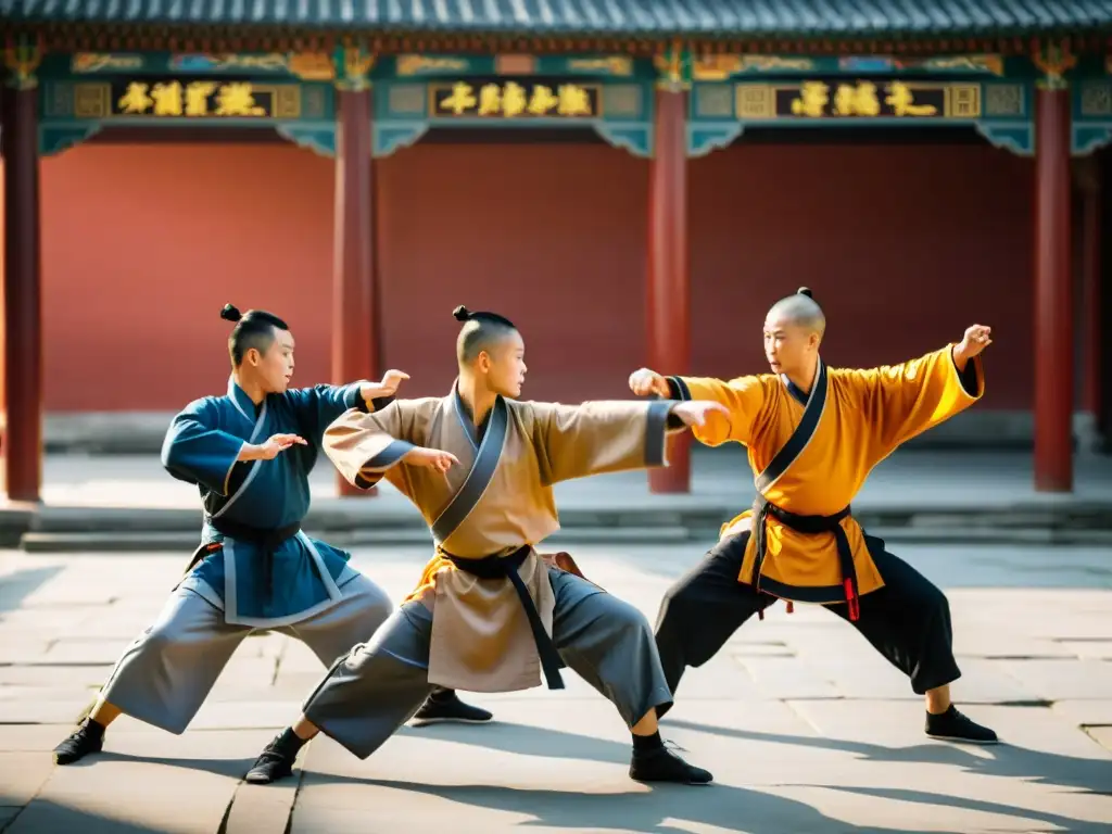 Estudiantes de Kung Fu Shaolin practicando con determinación en un tranquilo templo chino al amanecer