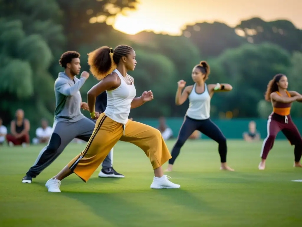 Estudiantes de universidad practicando Capoeira al atardecer en el campus