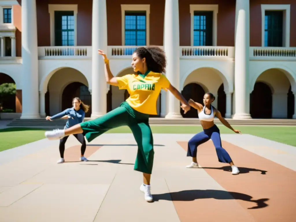 Estudiantes universitarios practican capoeira en el campus, representando diversidad cultural y ejercicio en educación superior