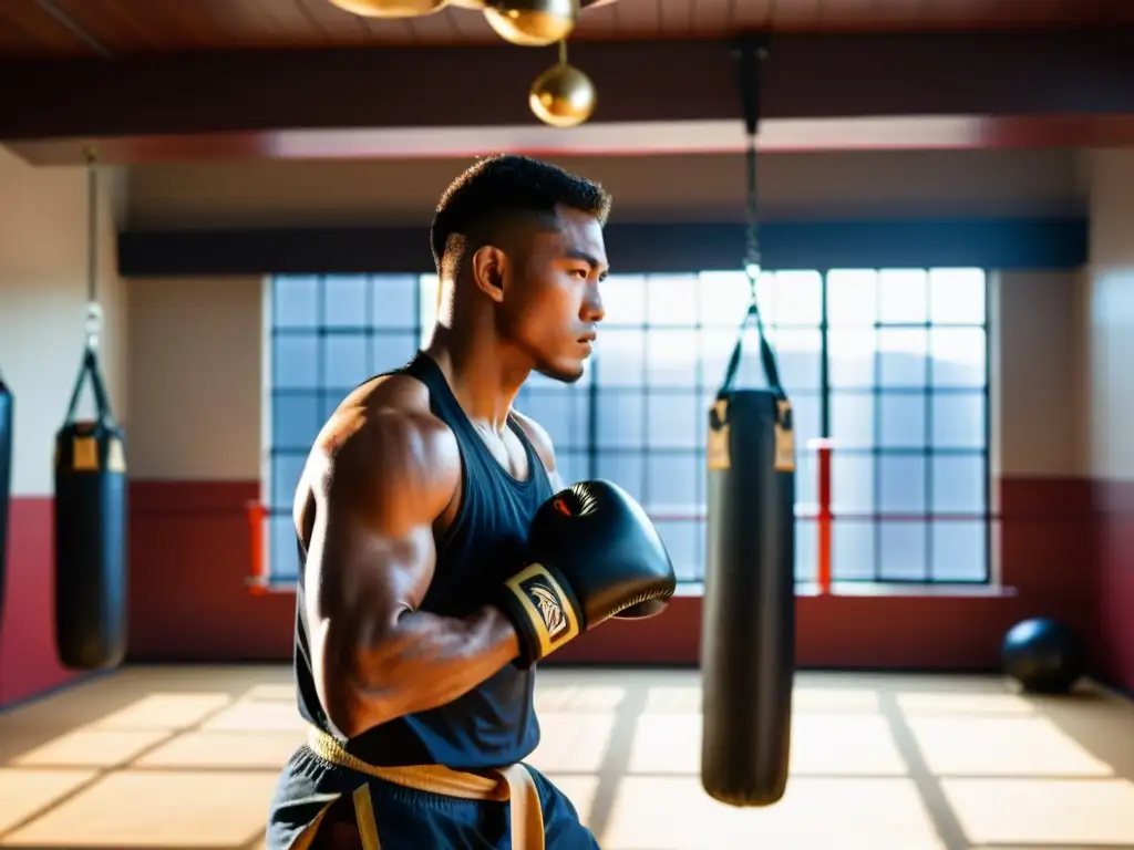 Un estudio de artes marciales con los mejores focos y paos de entrenamiento, donde la luz solar crea sombras dramáticas en el equipo