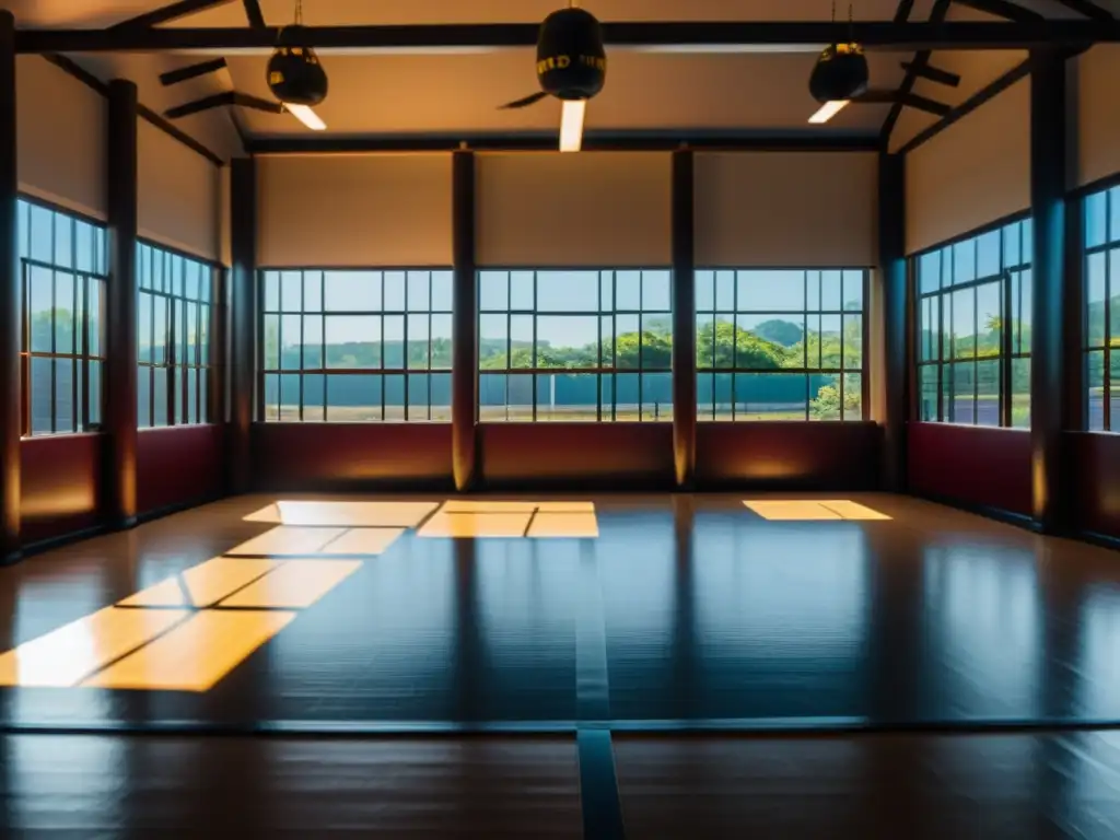 Estudio de artes marciales con practicantes dedicados y motivación en las paredes, capturando la intensidad del entrenamiento de artes marciales