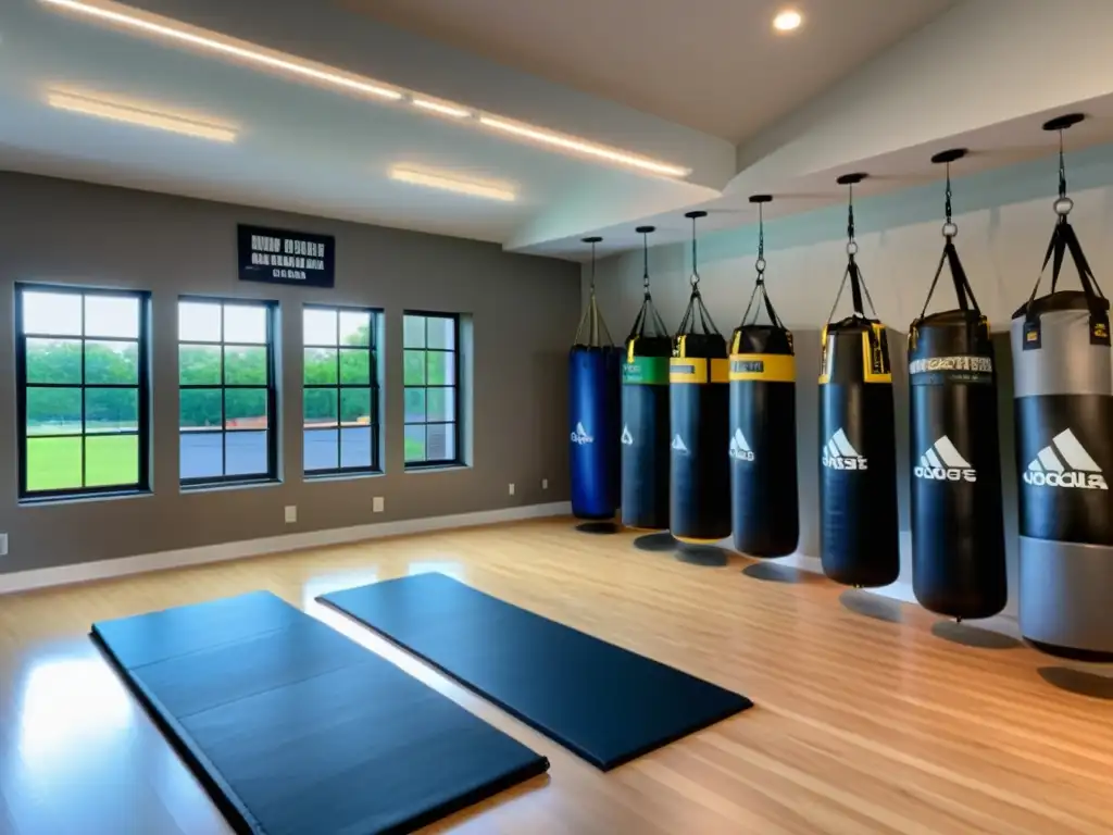 Estudio de fitness en casa para artes marciales con equipo completo y motivación