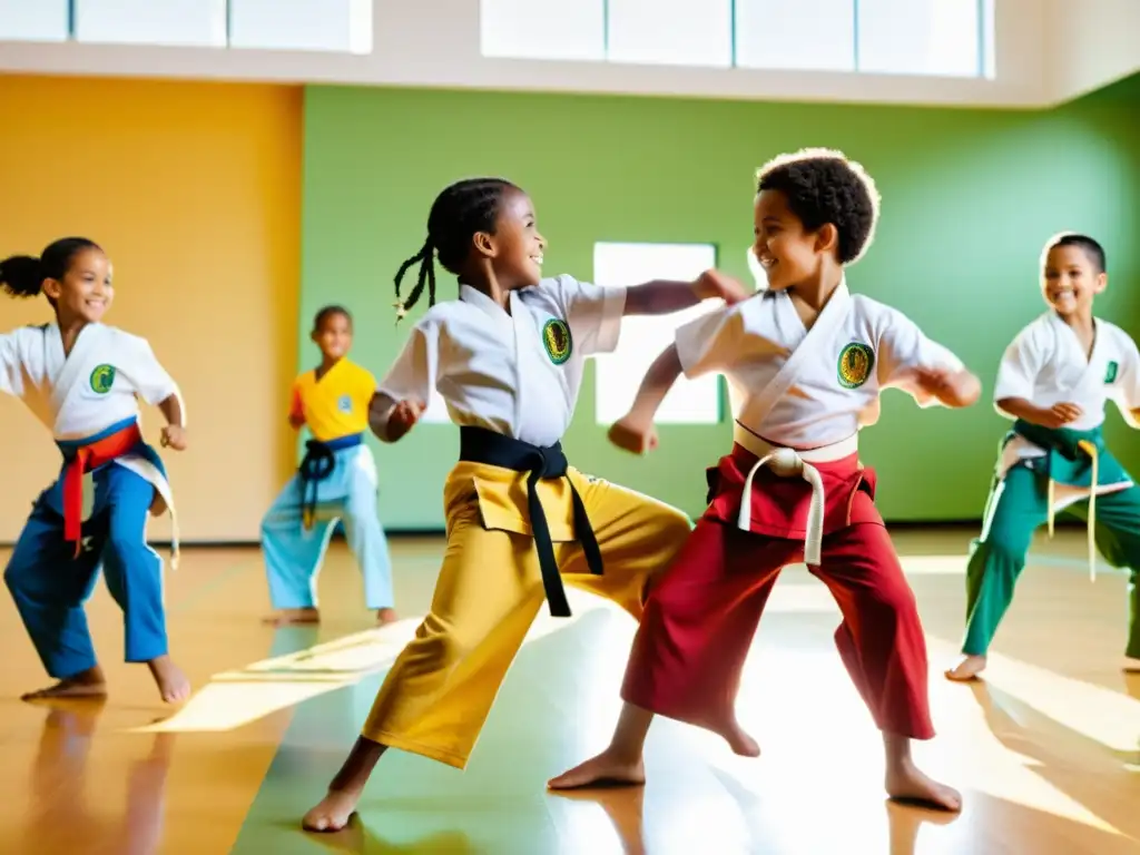 Un estudio iluminado rebosa de alegría y aprendizaje mientras niños practican capoeira con entusiasmo