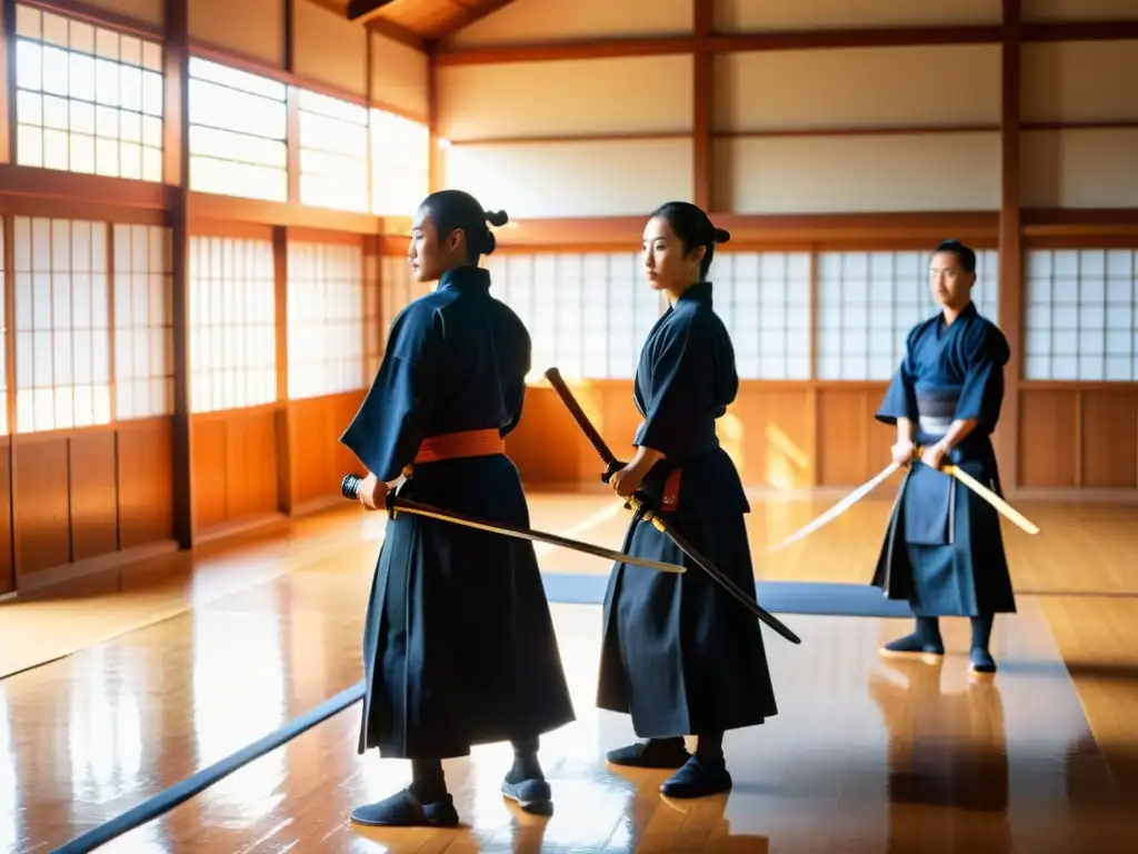 Estudio de Kendo tradicional japonés con estudiantes practicando técnicas y espadas de madera alineadas