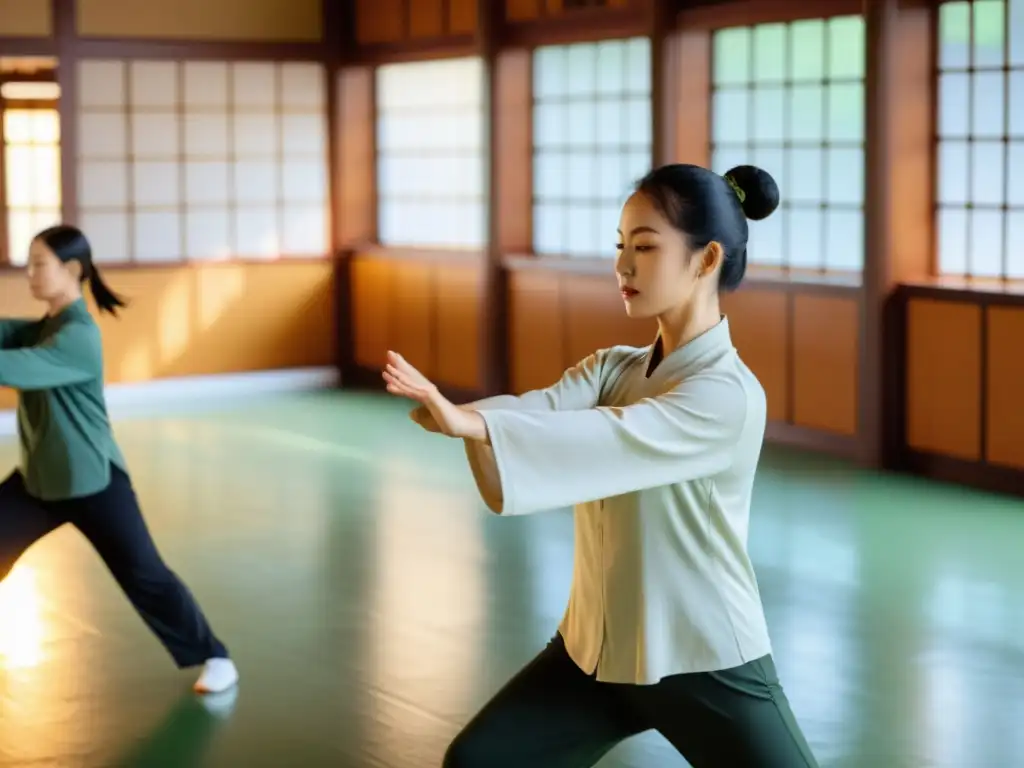 Un estudio sereno y amplio lleno de luz natural, donde un grupo diverso realiza graciosamente movimientos de Tai Chi