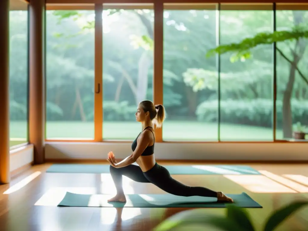 Un estudio de yoga sereno con amplias ventanas que dan a un exuberante jardín