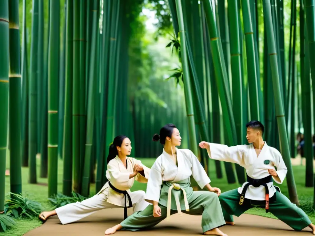 Evento de artes marciales con productos ecológicos, practicando en la naturaleza entre accesorios sostenibles