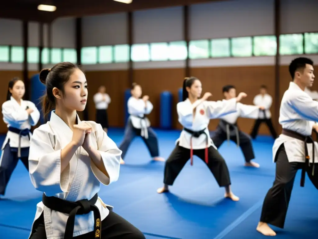 Preparación eventos artes marciales: Estudiantes enfocados practican técnicas en un gimnasio iluminado, guiados por un instructor experto