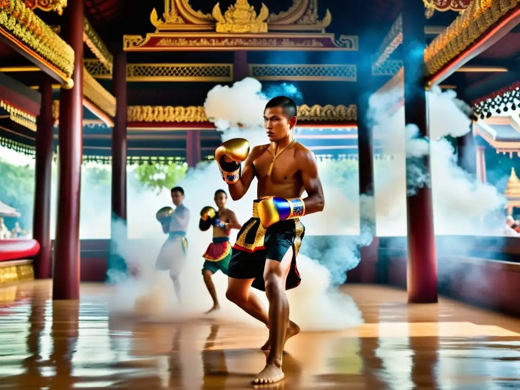 Un evocador ritual Wai Kru de maestros Muay Thai en un templo tailandés histórico, envuelto en humo de incienso