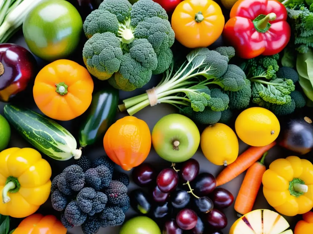 Una exhibición colorida de frutas y verduras frescas en un mercado