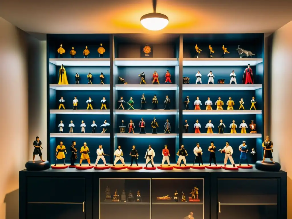 Exhibición impactante de artes marciales vintage Una exhibición impresionante de artículos coleccionables de artes marciales, con iluminación dramática y una presentación meticulosa