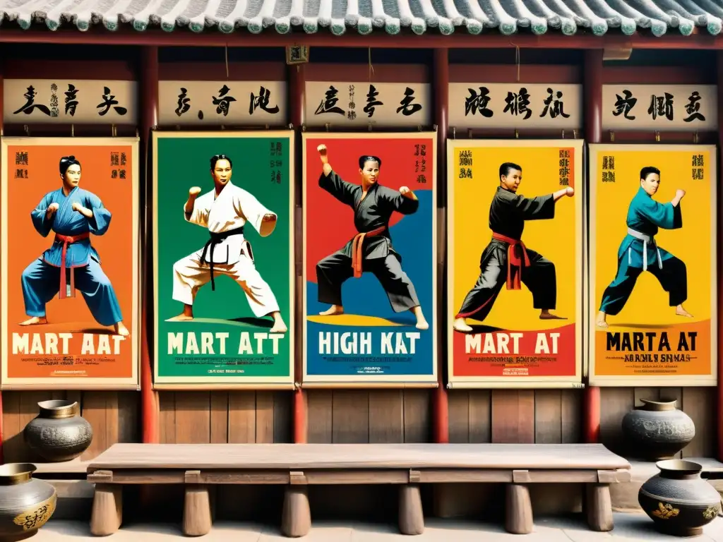 Una exhibición de posters y artwork oficial de artes marciales en un bullicioso mercado callejero de Asia