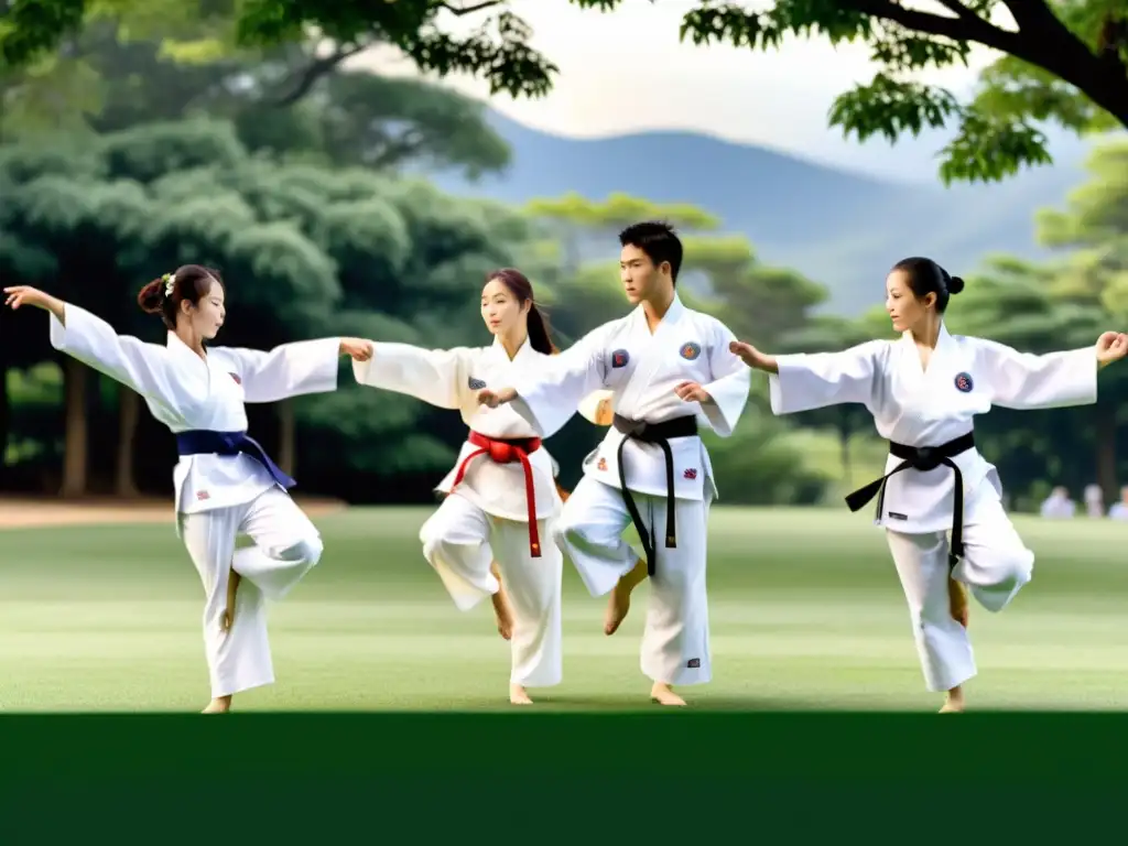 Exhibiciones de Pumsae Coreano: Grupo de practicantes de Tae Kwon Do ejecutando movimientos precisos y poderosos en un entorno natural y grandioso