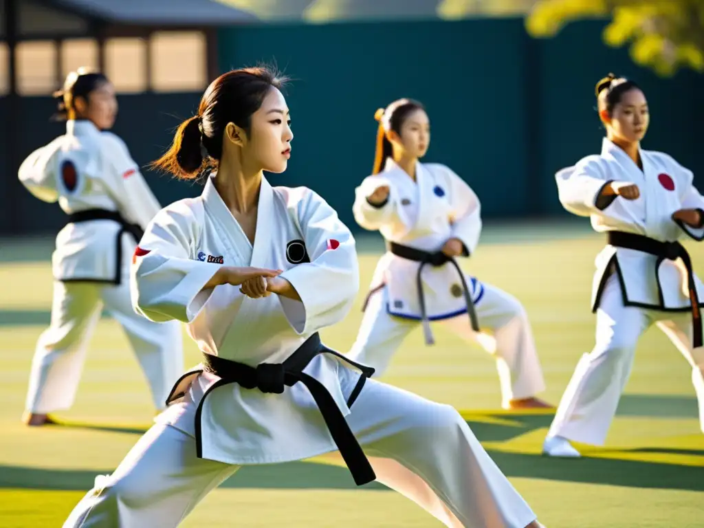 Exhibiciones de Pumsae Coreano: Grupo de practicantes de Tae Kwon Do ejecutando formas con gracia y precisión en un escenario soleado y vibrante