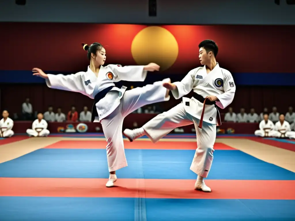 Exhibiciones de Pumsae Coreano: Tae Kwon Do en perfecta sincronización, demostrando poder y disciplina, con atletas precisos y concentrados