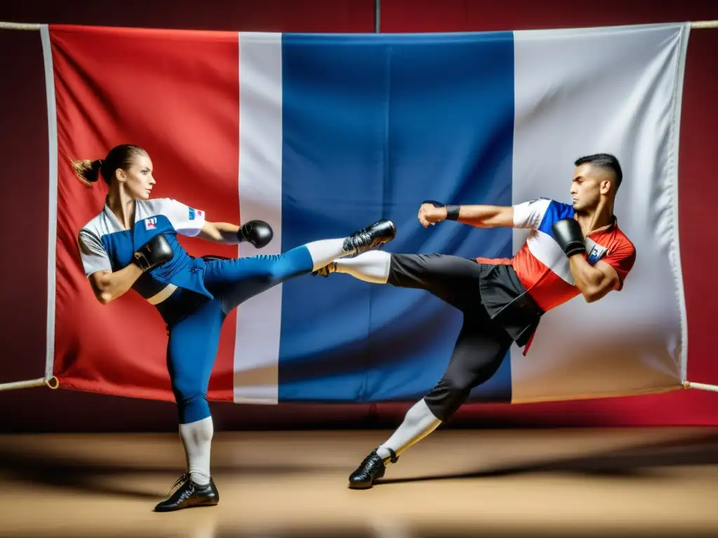 Exhibiciones de Savate: elegancia francesa en la destreza y precisión de dos practicantes, con la bandera tricolor de fondo