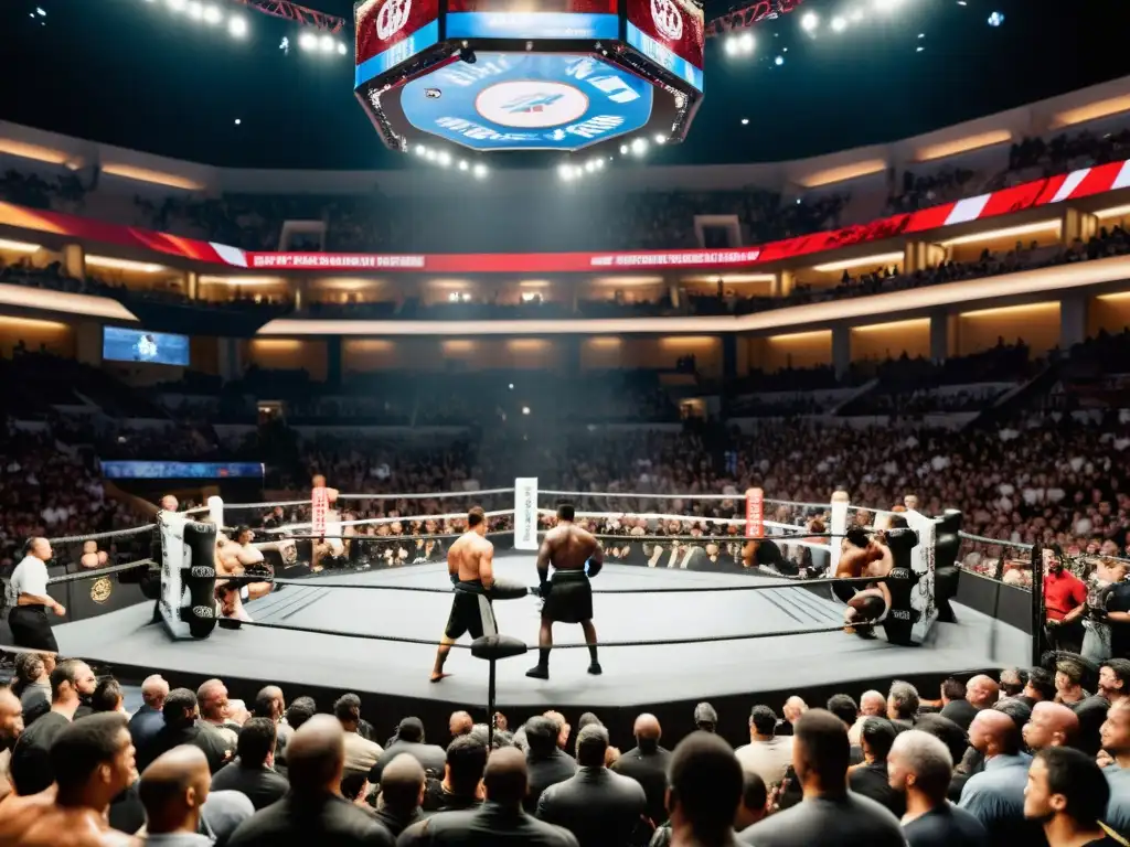 Expectantes espectadores absorben la emoción de un evento de artes marciales en una arena repleta, con luchadores en plena batalla