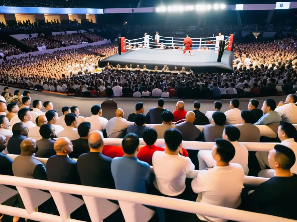 Expectantes espectadores en evento de artes marciales, capturados en intensa atención al combate en el ring