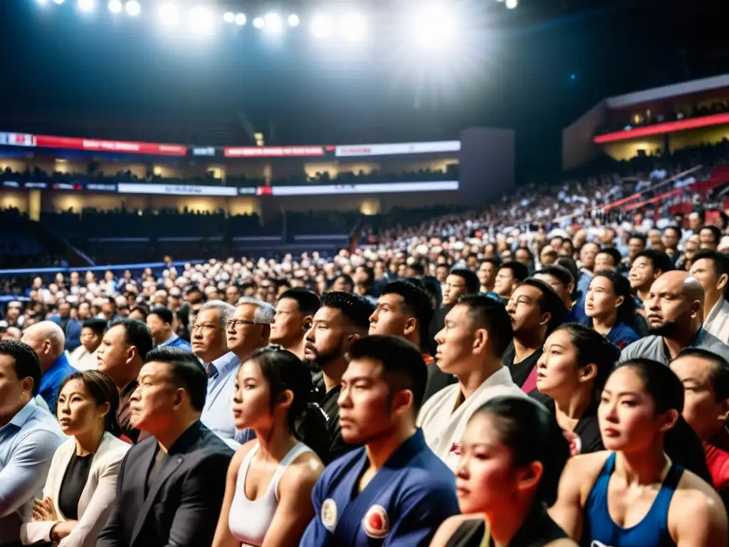 Expectantes rostros de espectadores en evento de artes marciales, mostrando emoción y diversidad en la audiencia