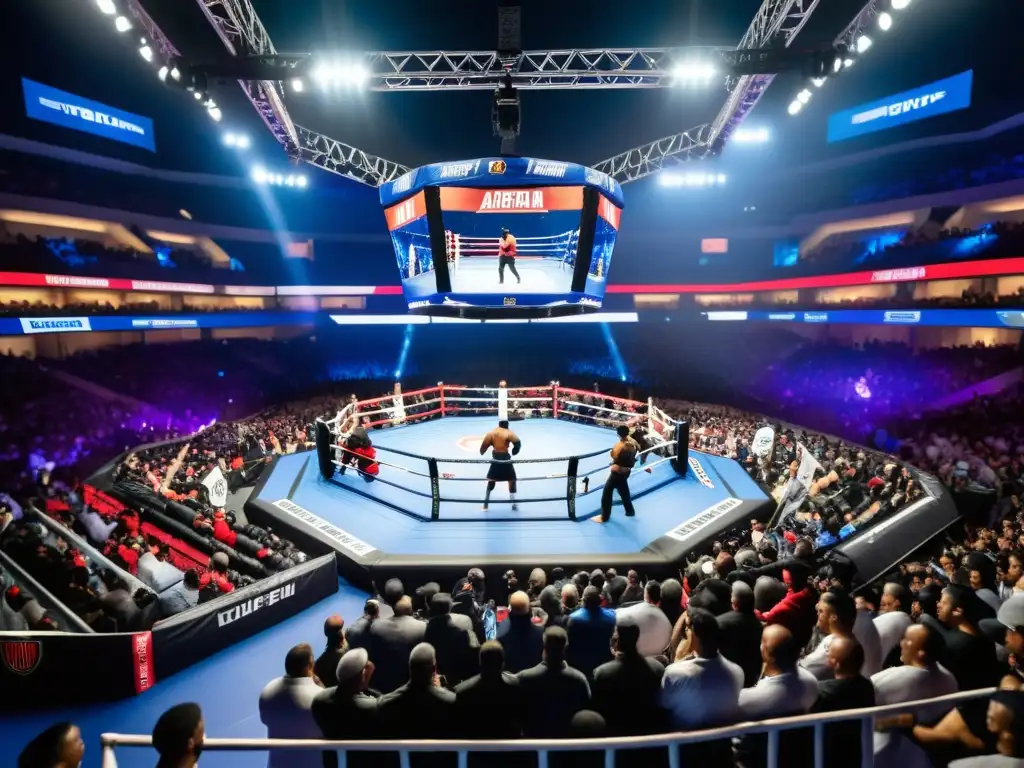 Expectativas espectadores evento artes marciales: Lucha emocionante en un ring hightech, con atletas y fanáticos vibrantes