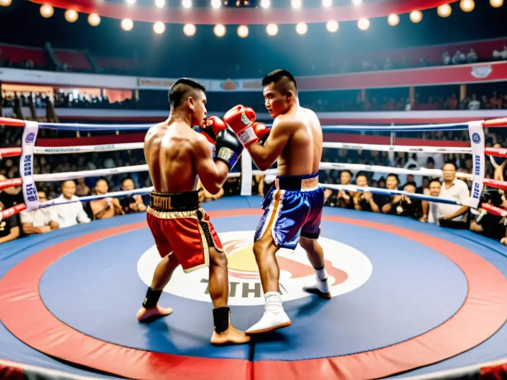 Experiencia virtual de Muay Thai: Intenso combate en el ring tailandés, con espectadores animados y detalles vibrantes