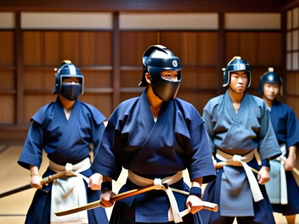 Experiencias en campamentos de Kendo: Practicantes de kendo en el dojo, con expresiones intensas y determinación en cada movimiento