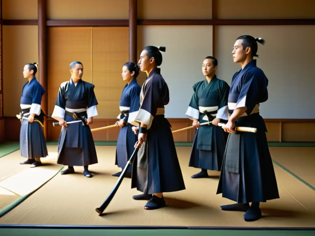 Experiencias en campamentos de Kendo: Sensei demostrando un preciso golpe de shinai en un dojo sereno y tradicional, con practicantes alineados