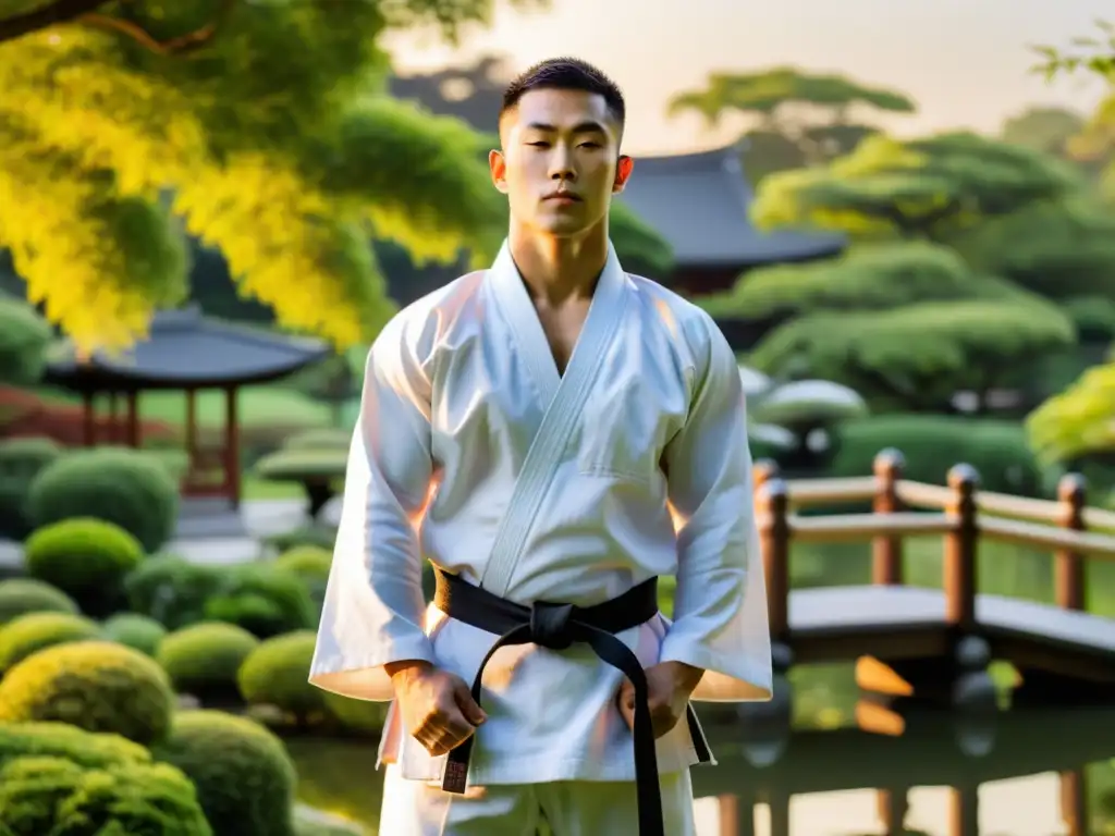 Aplicación meditación zen karate: Experimentado artista marcial en gi blanco, meditando en jardín japonés al atardecer