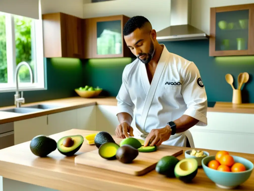 Un experimentado artista marcial prepara una comida nutritiva en una cocina bien iluminada, seleccionando y cortando cuidadosamente una variedad de grasas saludables como aguacates, nueces y aceite de oliva