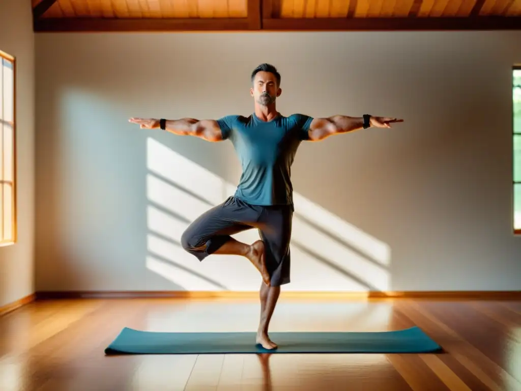 Un experimentado artista marcial realiza una postura de yoga, mostrando equilibrio y concentración