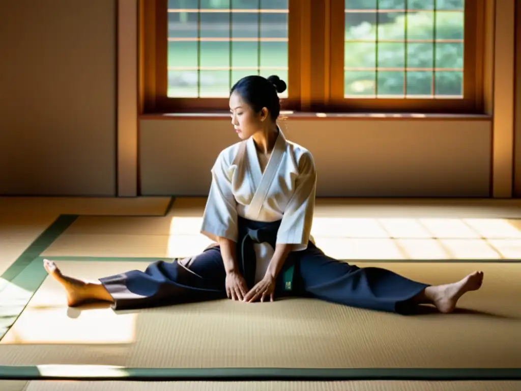 Un experimentado artista marcial se estira con determinación en un tatami tradicional, bañado por la cálida luz matutina