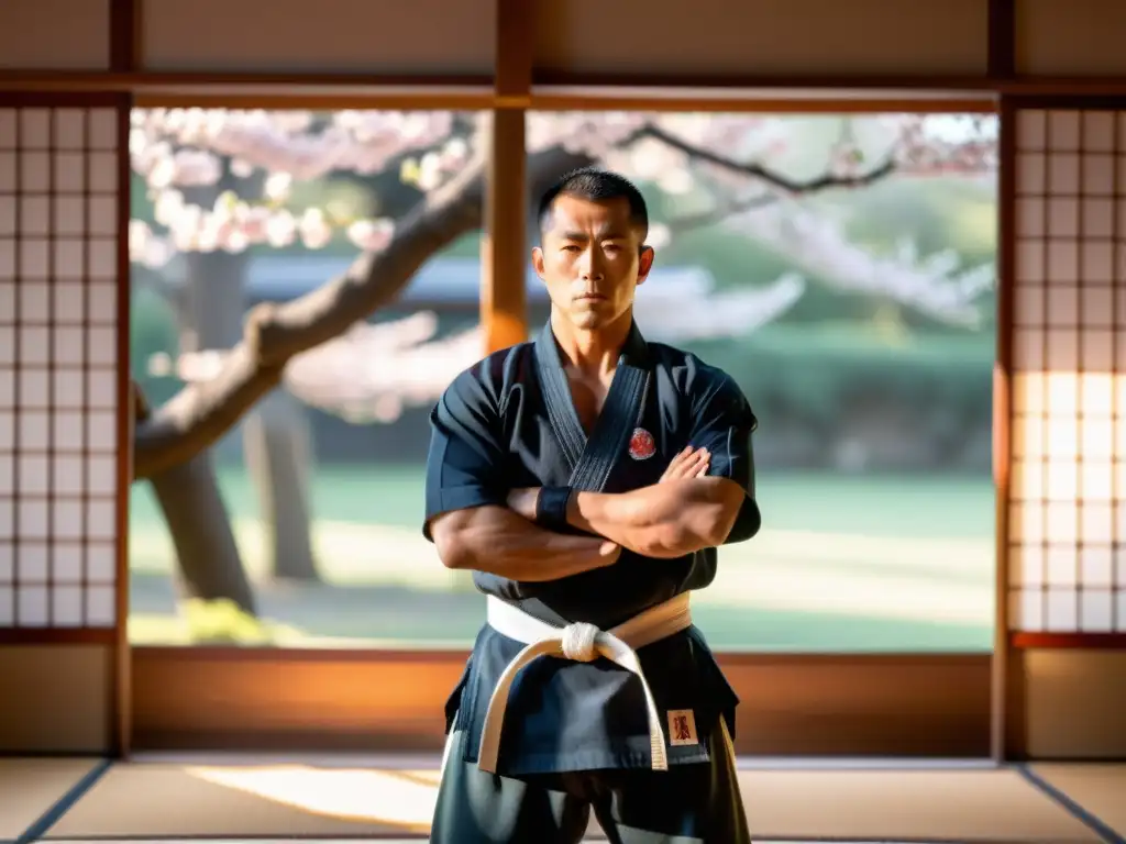 Un experimentado artista marcial ejecuta una técnica perfecta en un dojo tradicional, rodeado de serenos cerezos japoneses y suave luz solar