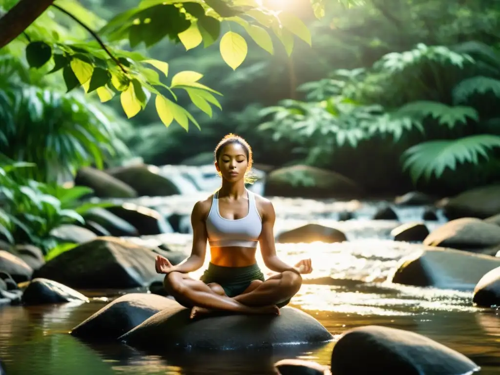 Un experimentado artista marcial practica técnicas de pranayama en un entorno natural tranquilo con un arroyo y exuberante vegetación