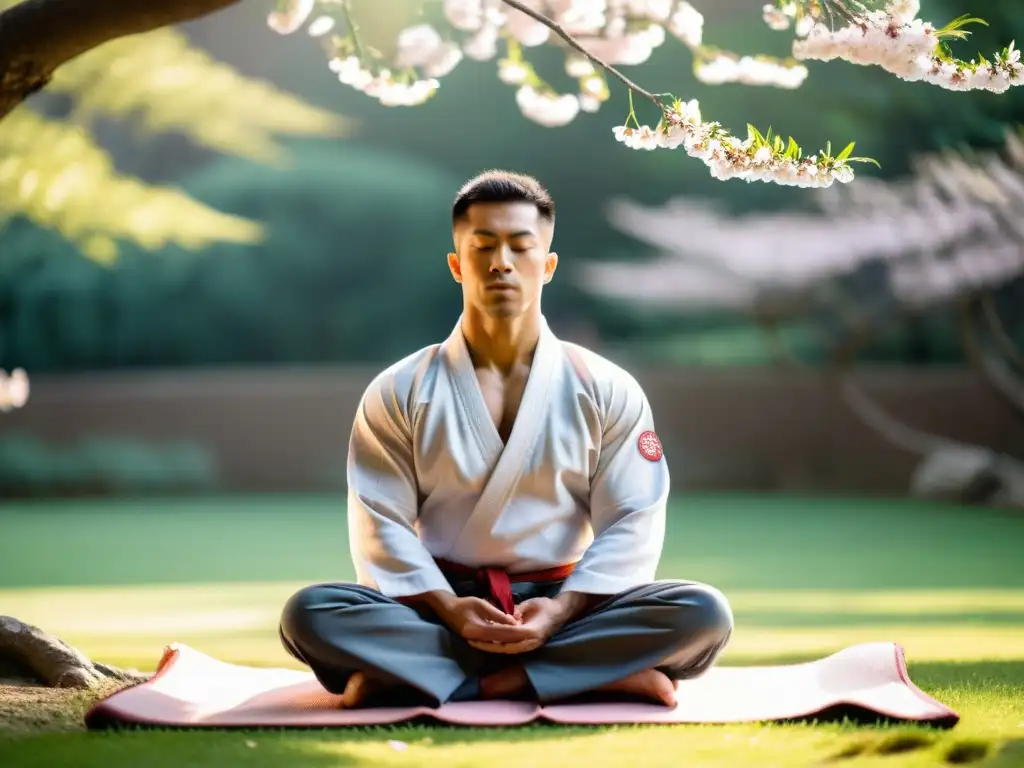 Un experimentado artista marcial practica Pranayama en un jardín tranquilo rodeado de árboles de cerezo en flor, irradiando paz y armonía