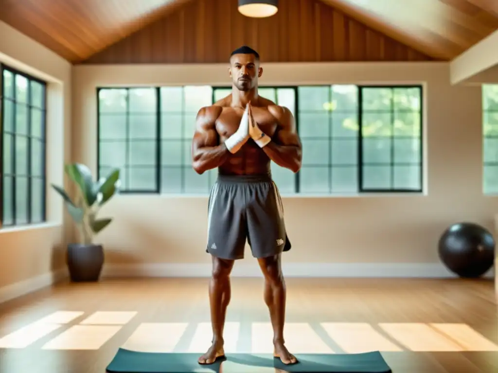 Un experimentado boxeador realiza la postura del guerrero en un estudio de yoga, mostrando determinación y fuerza