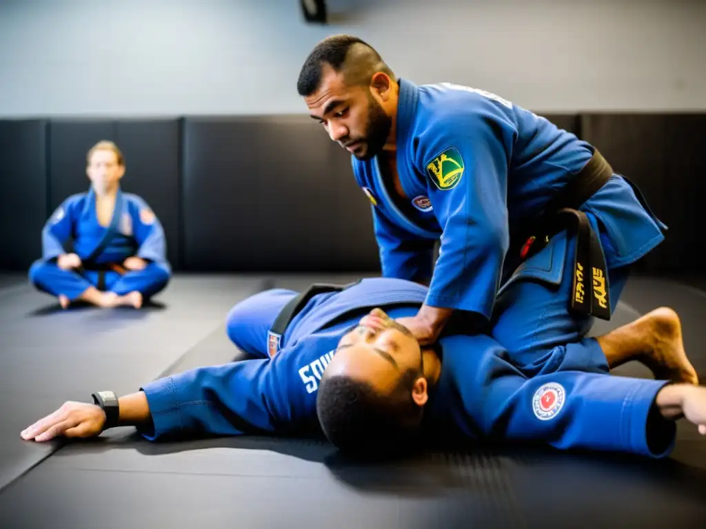 Maestro de JiuJitsu guía con maestría a estudiantes apasionados Un experimentado coach de Brazilian JiuJitsu enseña una técnica compleja a un grupo de estudiantes enfocados y determinados en un gimnasio profesional