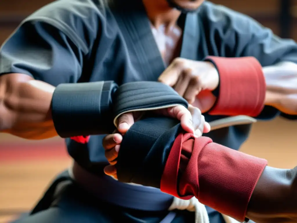 Maestro de artes marciales envuelve con destreza las manos del estudiante Un experimentado entrenador de artes marciales envuelve cuidadosamente las manos de un estudiante con vendas tradicionales rojas y negras, en un dojo iluminado tenue