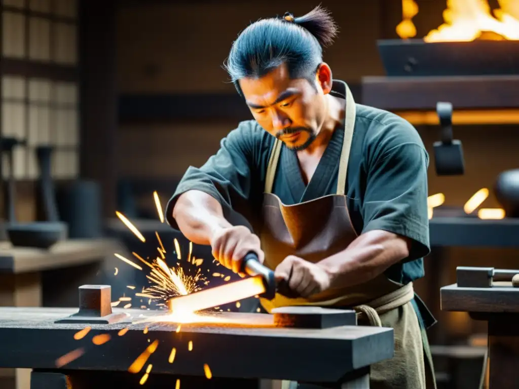 Un experimentado herrero japonés forja una katana para principiantes, con chispas volando mientras moldea el metal