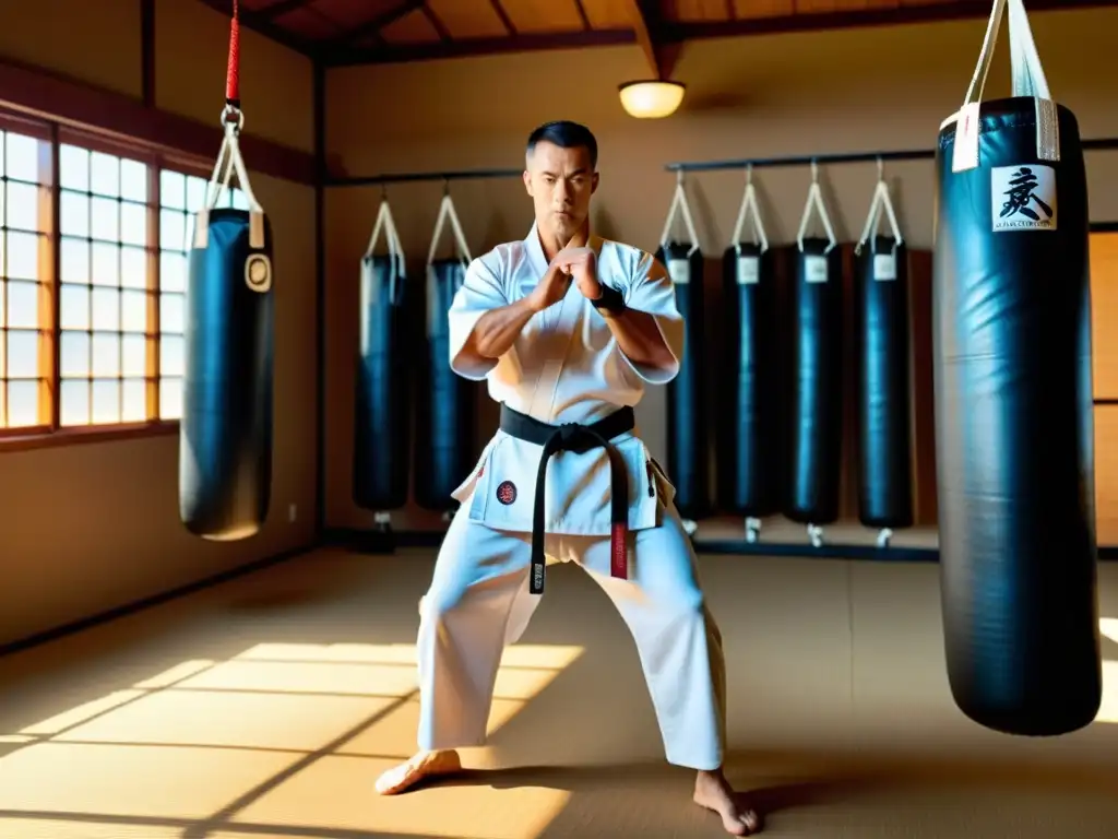 Un experimentado instructor de artes marciales demuestra movimientos precisos de karate en un dojo iluminado por el sol