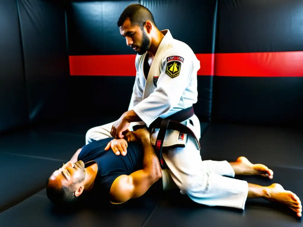 Un experimentado instructor de JiuJitsu Brasileño muestra técnicas esenciales, con determinación y precisión, en un ambiente de dojo disciplinado