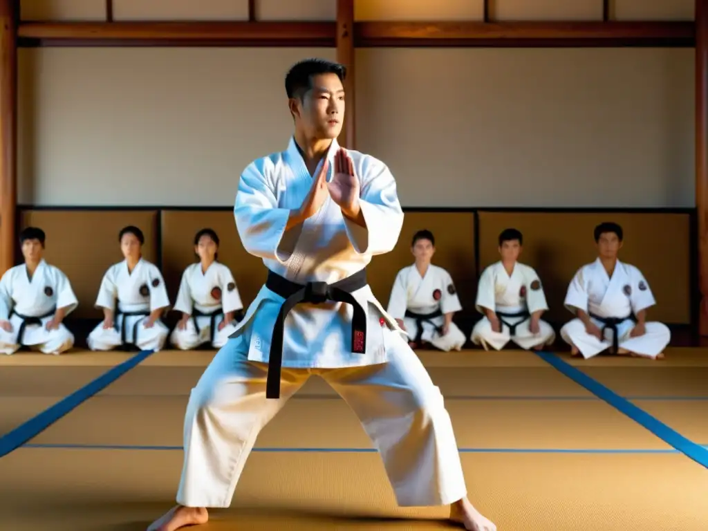 Maestro de karate muestra kata poderoso Un experimentado instructor de karate muestra una kata precisa y poderosa a un grupo de estudiantes en un dojo iluminado por una cálida luz dorada