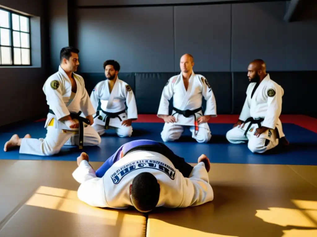 Un experimentado instructor de Jiu Jitsu enseña pacientemente a principiantes entusiastas en un gimnasio espacioso y soleado