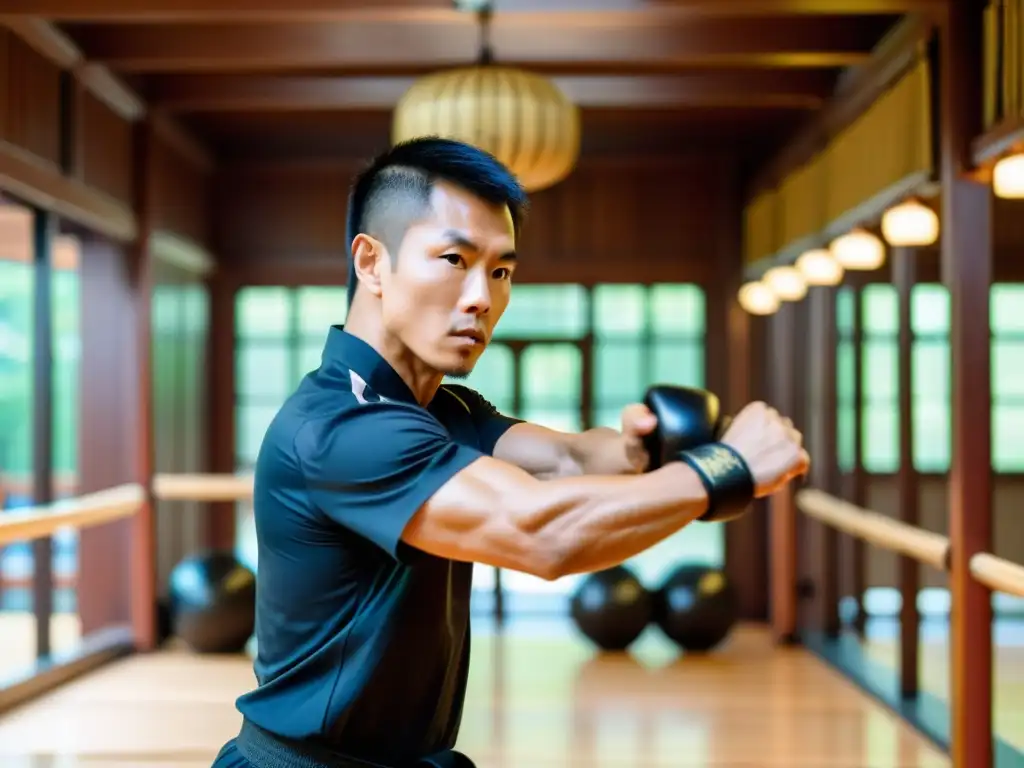 Experimentado instructor de Wing Chun muestra un rápido y preciso golpe, con determinación