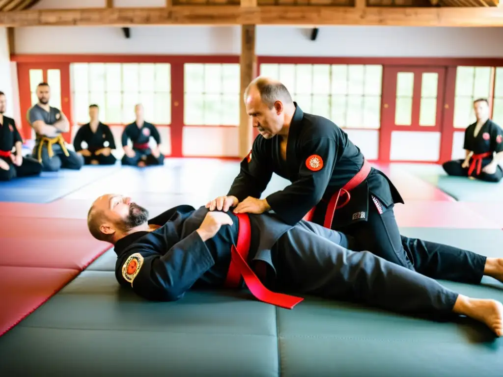 Un experimentado instructor de Systema Ruso demuestra técnicas de combate en un dojo con estudiantes atentos