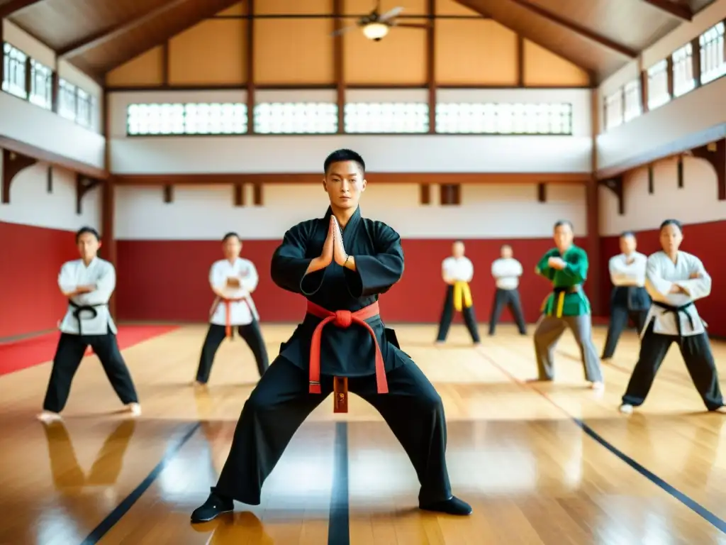 Experimentado instructor de kung fu enseña técnicas de autodefensa en un salón tradicional, rodeado de estudiantes dedicados