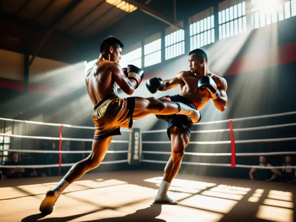 Un experimentado luchador de Muay Thai ejecuta un impecable roundhouse kick, con la luz del sol que se filtra a través de las ventanas del gimnasio, proyectando sombras dramáticas en el tatami