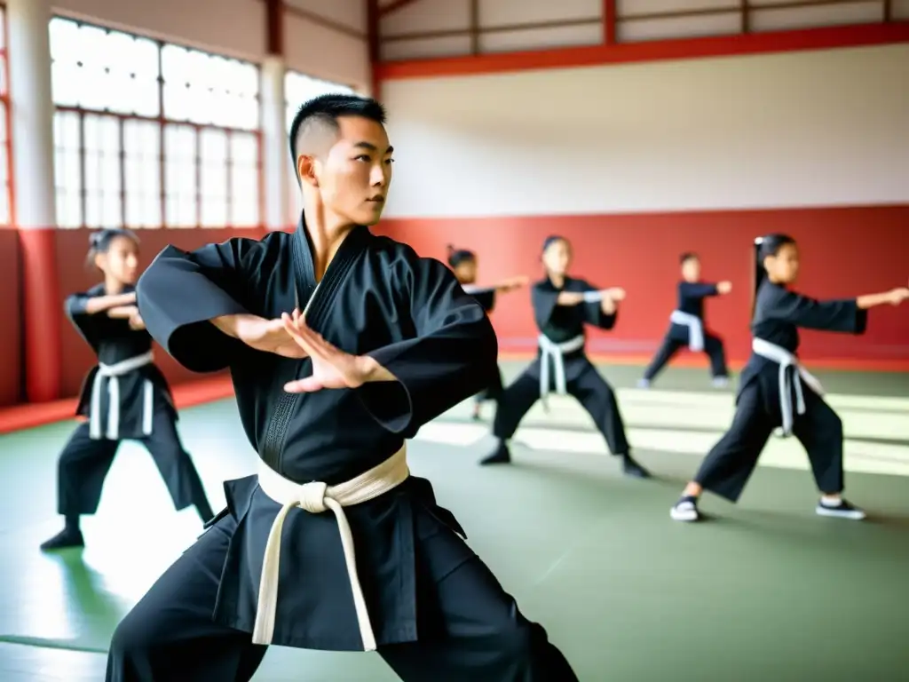 Un experimentado maestro de Kung Fu guía a un grupo de niños en su entrenamiento, mostrando disciplina y determinación