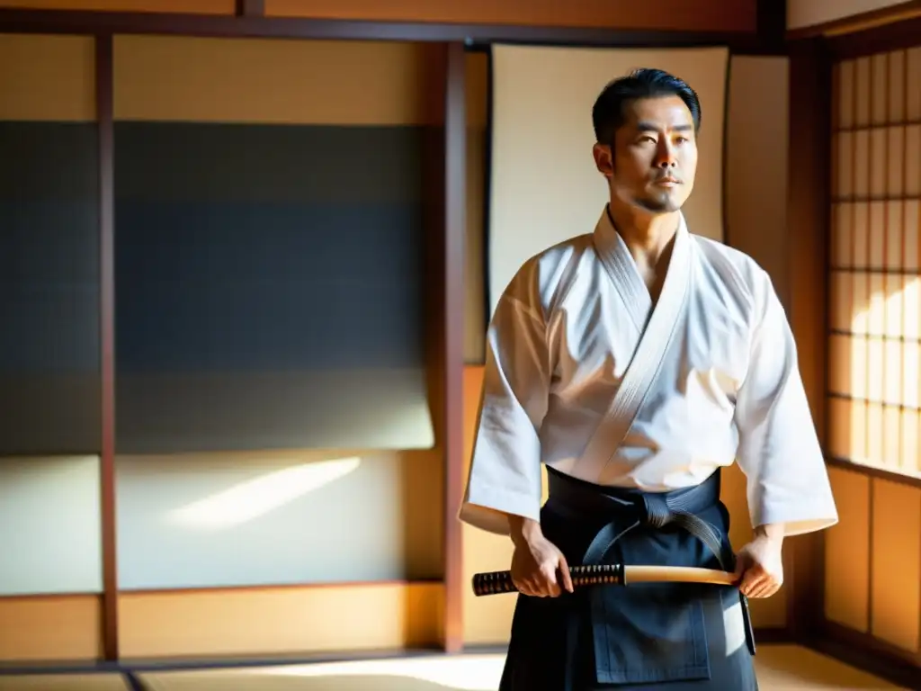 Un experimentado sensei de Aikido en gi blanco y hakama negro, demostrando una técnica fluida en un dojo sereno